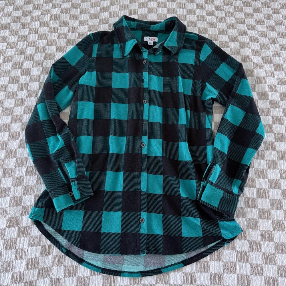 Denim & Co Buffalo Plaid Tunic Top Teal Black Medium Button Front - Picture 2 of 3